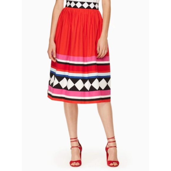 Kate Spade - Red Multi Haute Stuff Geo Border Poplin A-line Midi Skirt - Picture 4 of 9
